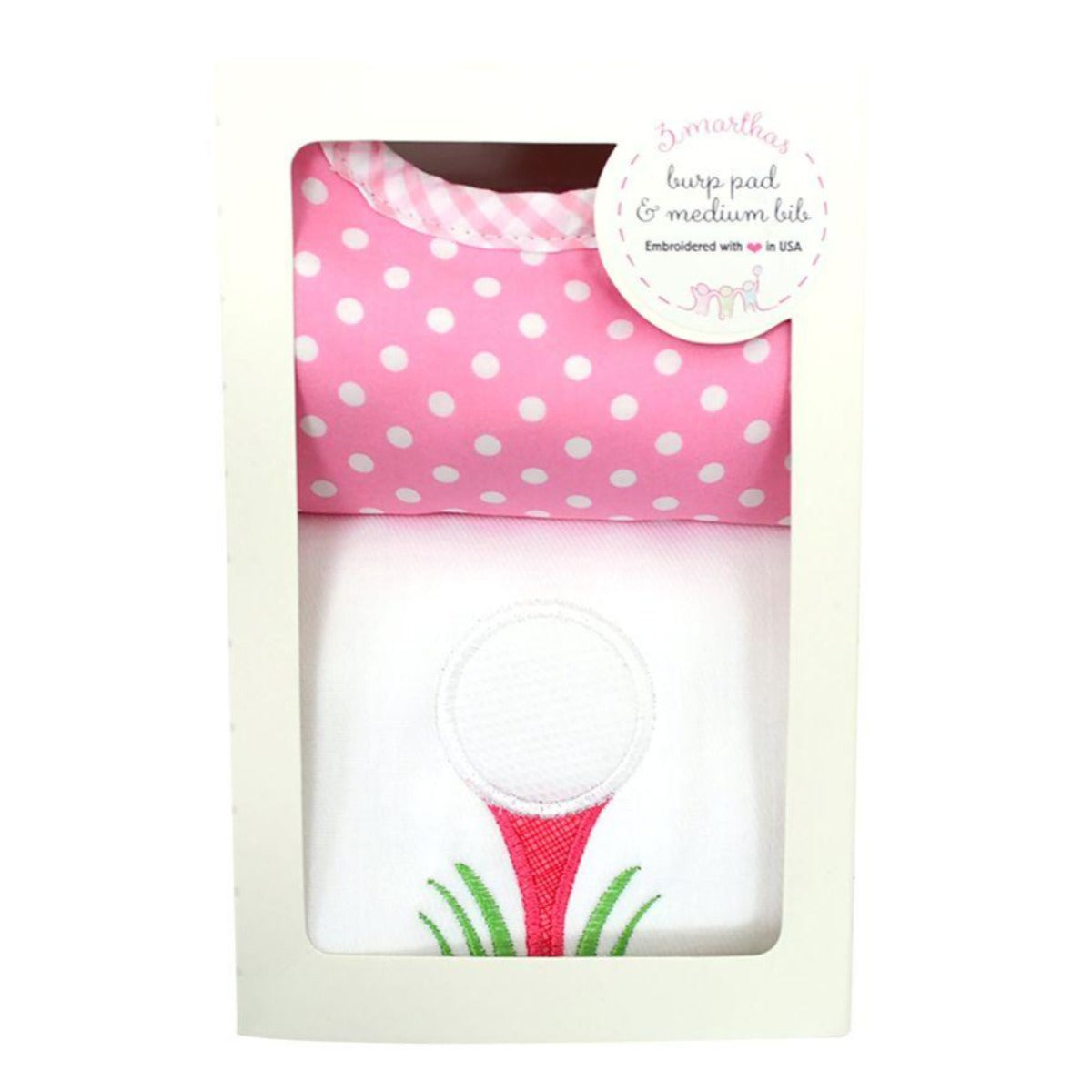 3 Marthas Golf Applique Pink Burp and Bib Boxed Gift Set
