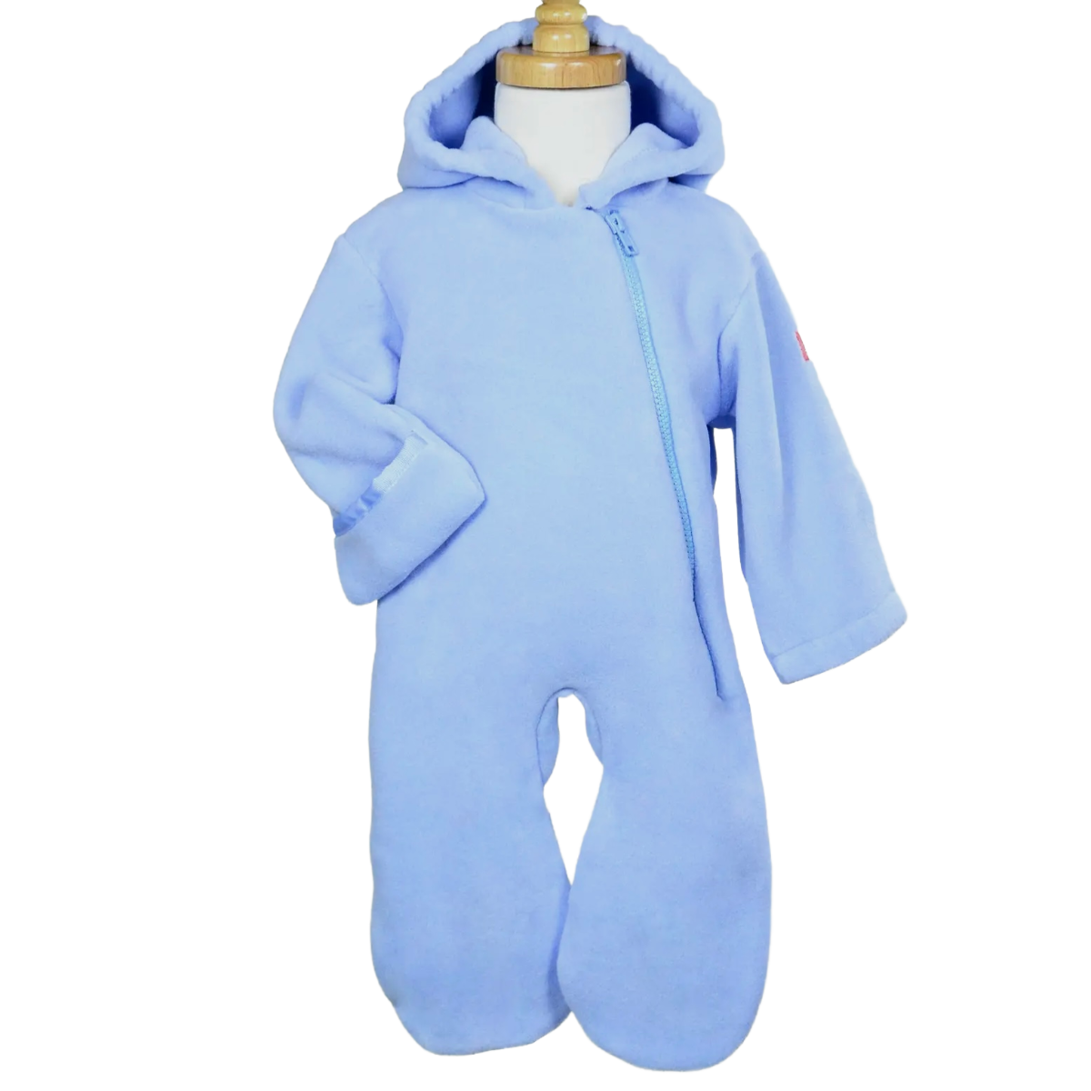 Light blue baby onesie snowsuit with a hood on a mannequin