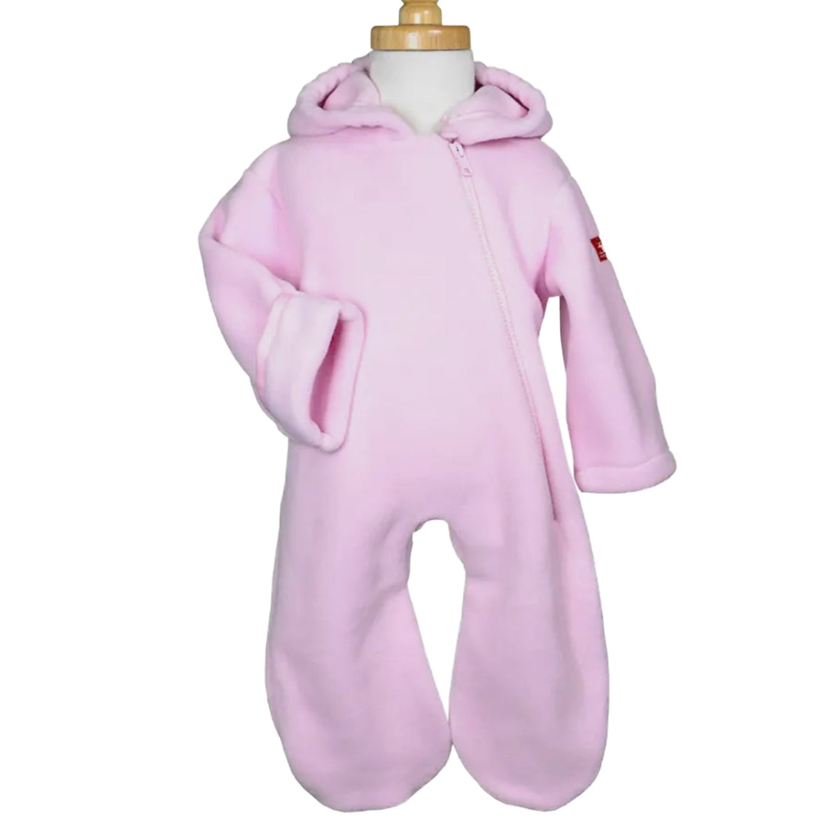 Pink baby onesie snowsuit on a mannequin