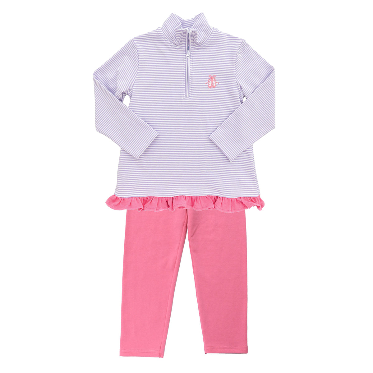 Girl’s knit two-piece set with lavender and white striped quarter-zip pullover, bright pink trim, embroidered ballet shoes on chest, and solid pink leggings.