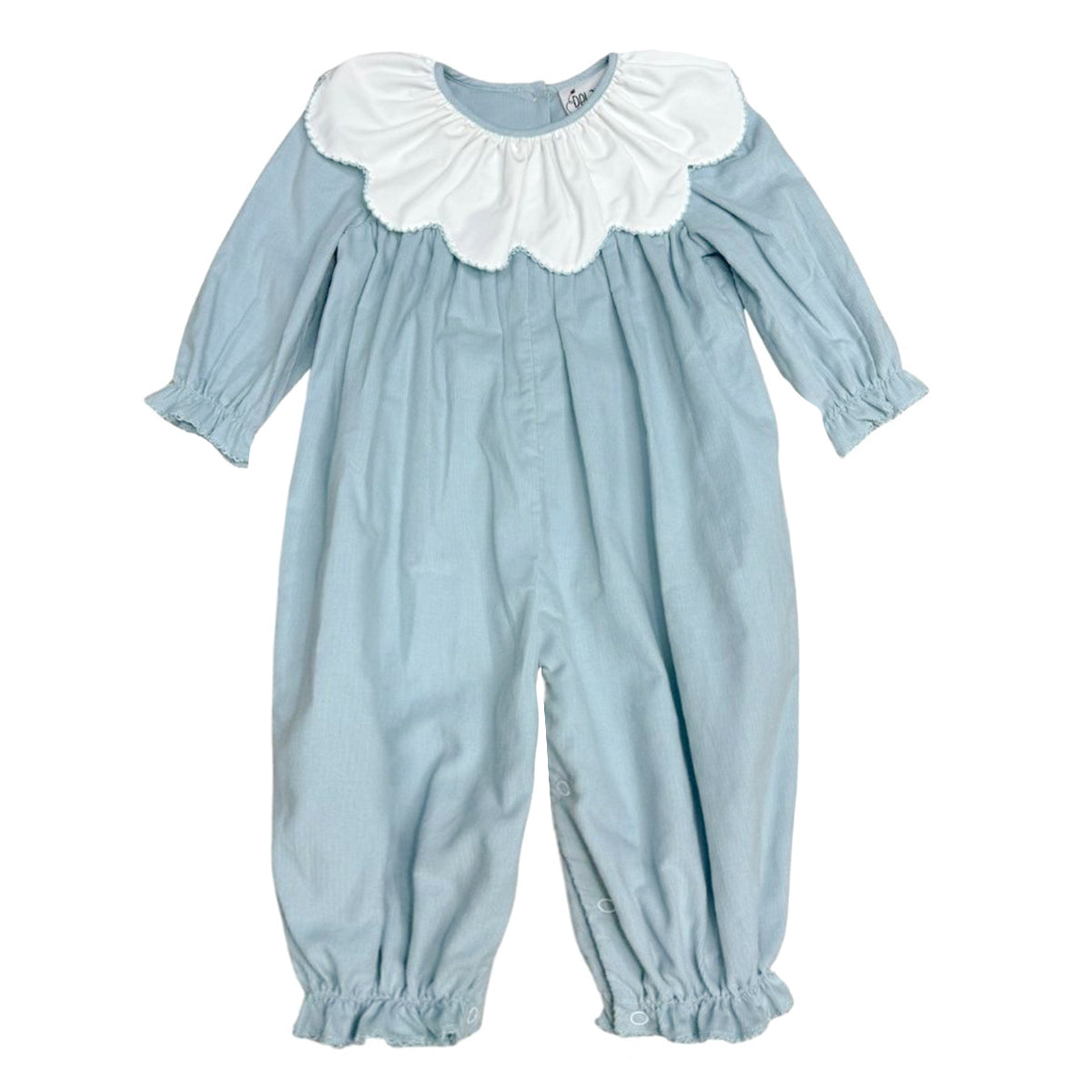 Blue Corduroy Bubble Romper with Scalloped White Collar