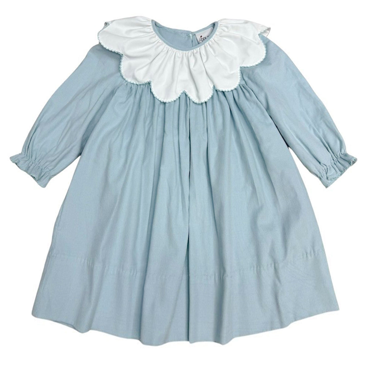 Blue Corduroy Float Dress with Scalloped White Collar