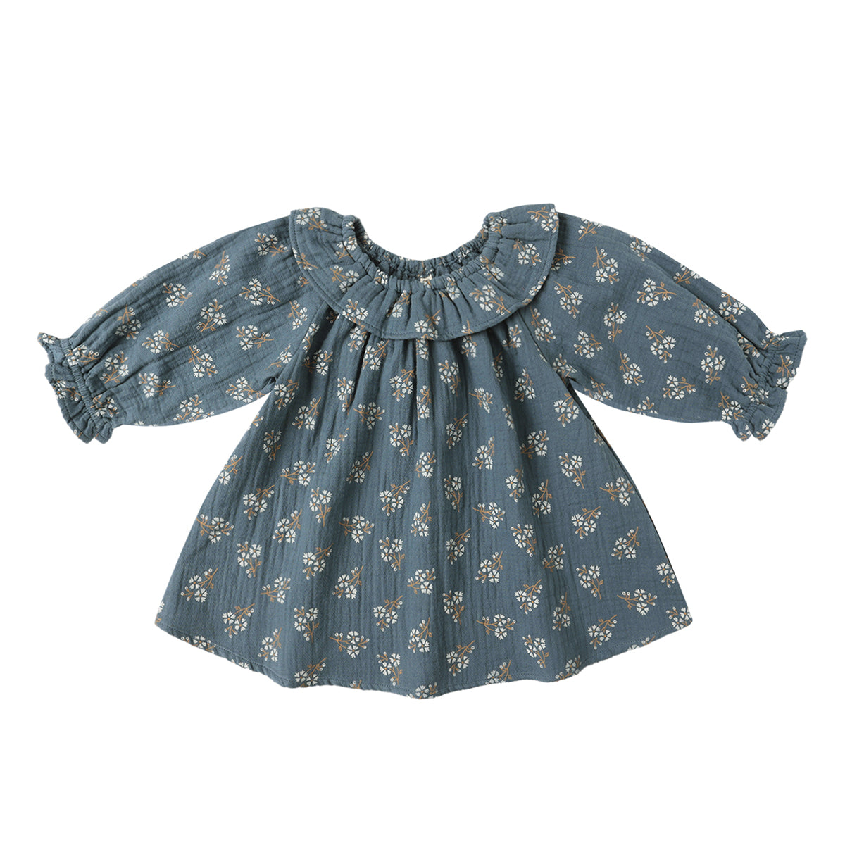 Girl’s steel blue Quincy Mae long sleeve muslin dress with neutral white and tan floral print.