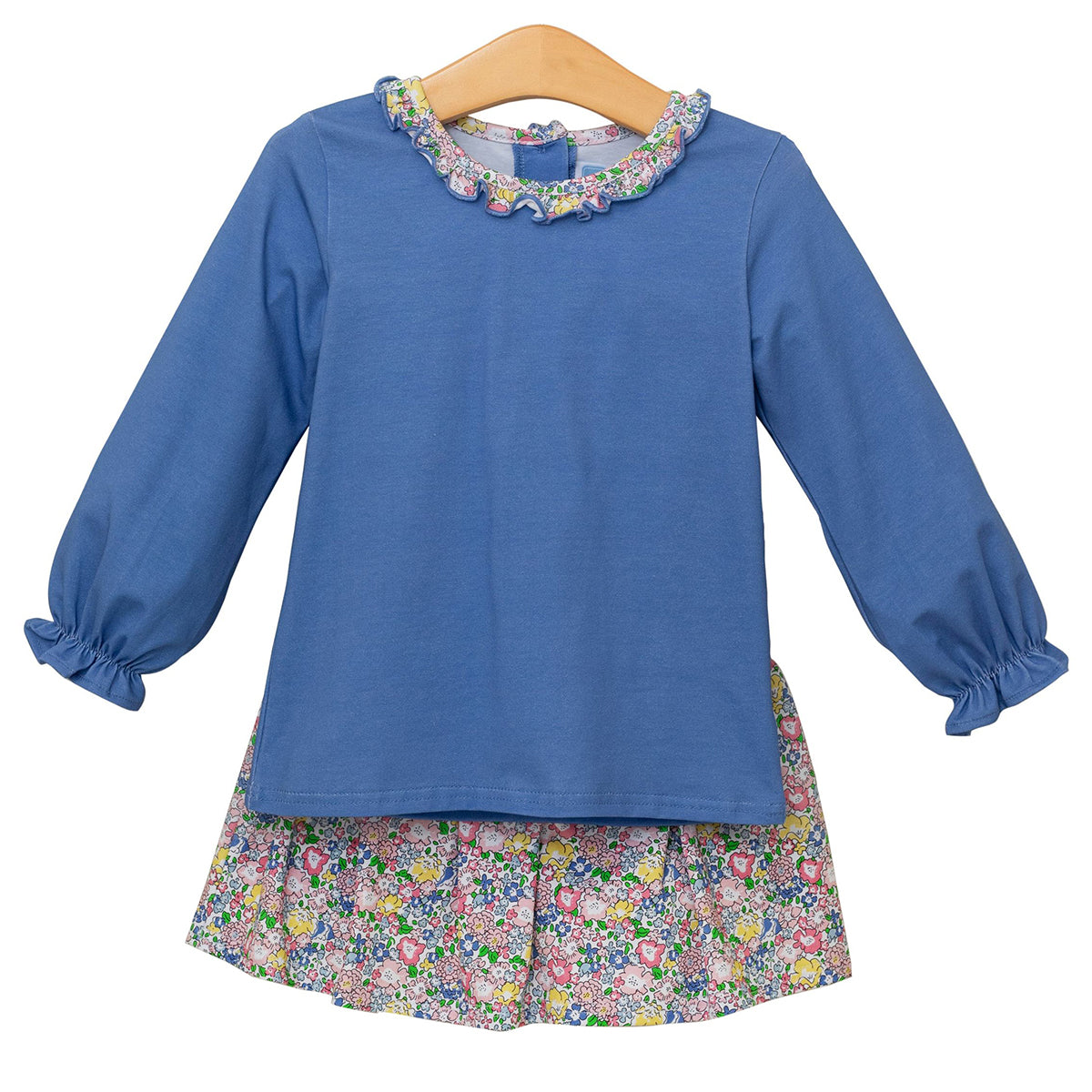 Blue long sleeve top with ruffled floral collar and skort