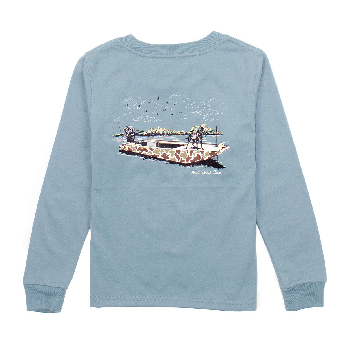 Light blue boy's long-sleeve t-shirt with a graphic of a camouflage duck hunting boat