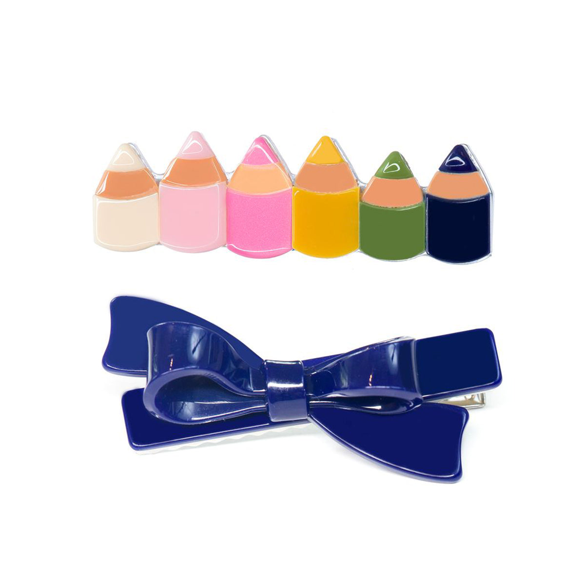 Vibrant Colored Pencils and Navy Bow Acrylic Hair Clips