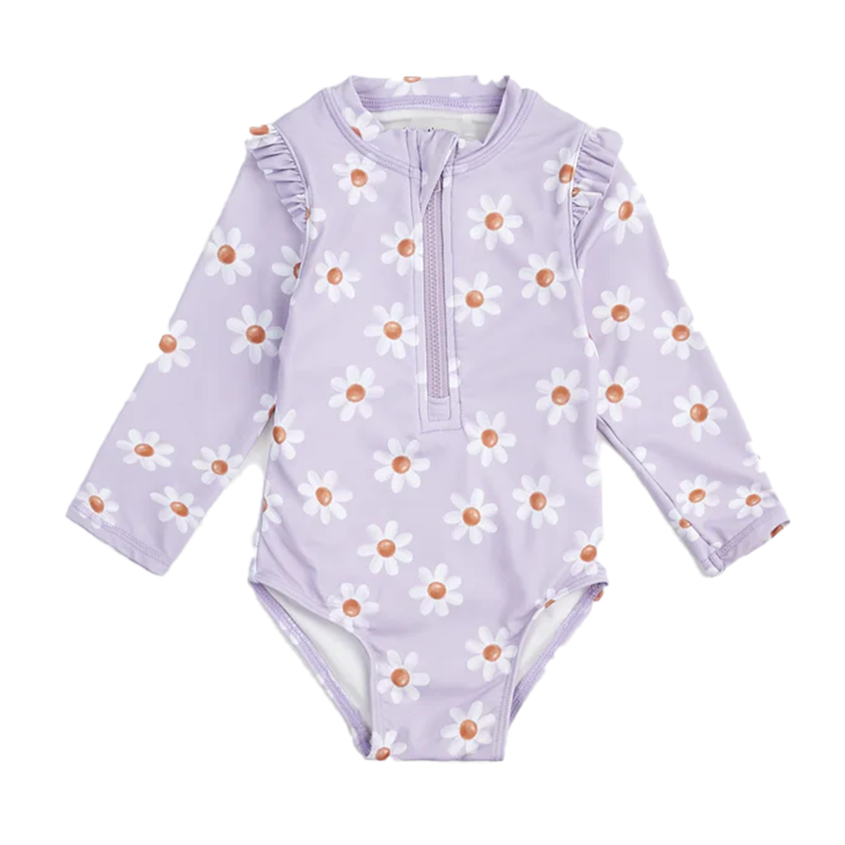 Daisy Print Toddler Girl's Lavender One-Piece Long Sleeve Swimsuit