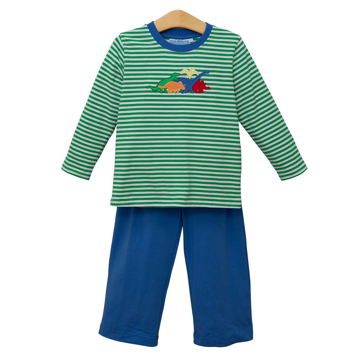 Boys green stripe long sleeve shirt with colorful dinosaur applique and blue pants