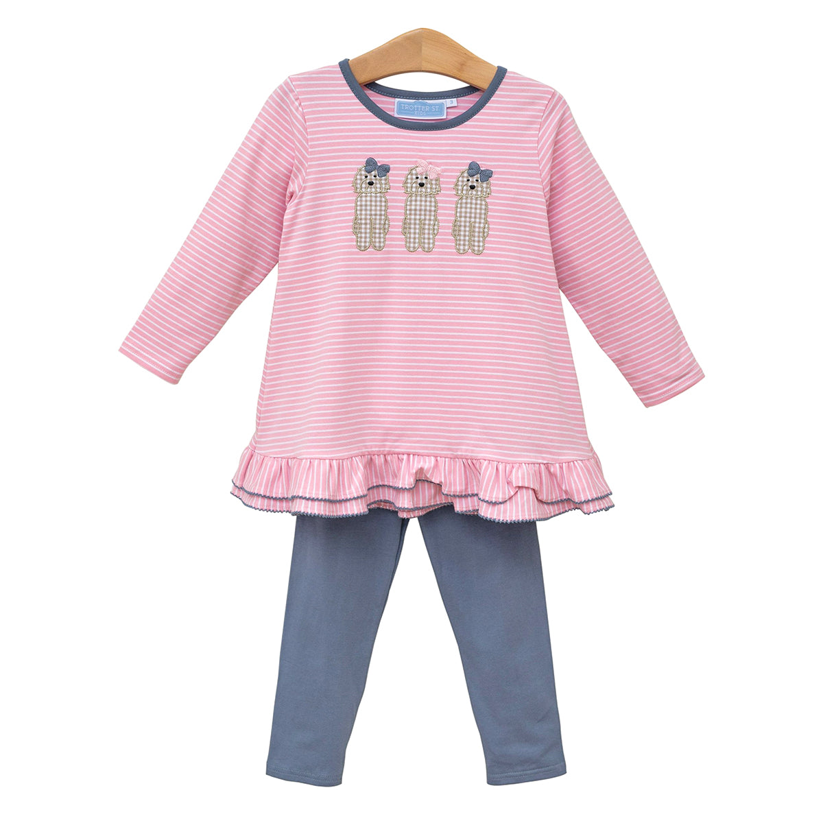 Children's pink stripe girl's shirt with a ruffled top with dog appliques and blue leggings