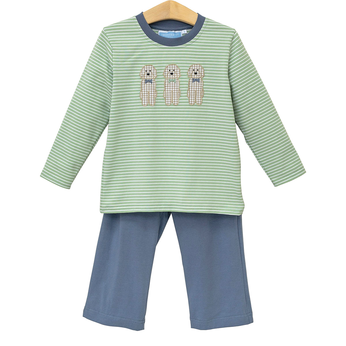 Boy's outfit with green striped shirt with dog appliques and blue pants