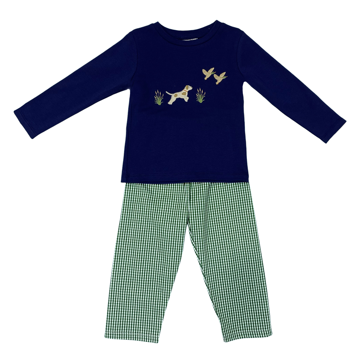 Navy long-sleeve shirt with dog and bird design and green checkered pants