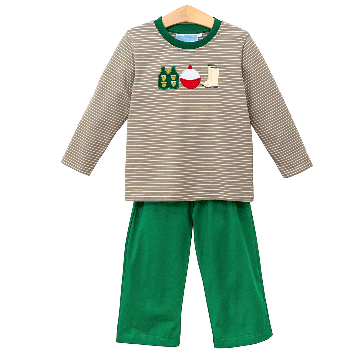 Boy's pant set with green pants and tan striped shirt that has fishing appliques