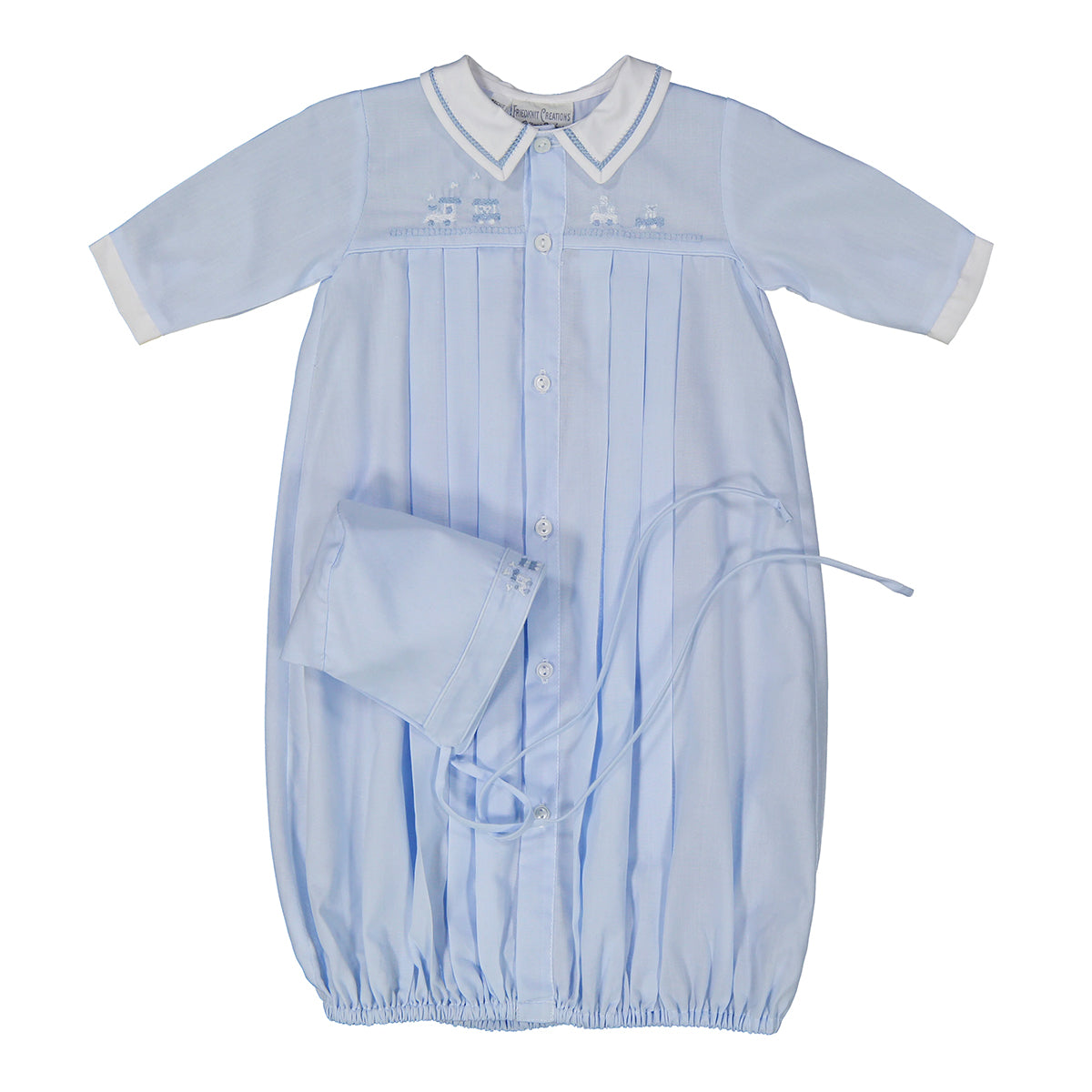 Boy's Blue Train Dot Take Me Home Gown and Hat Set