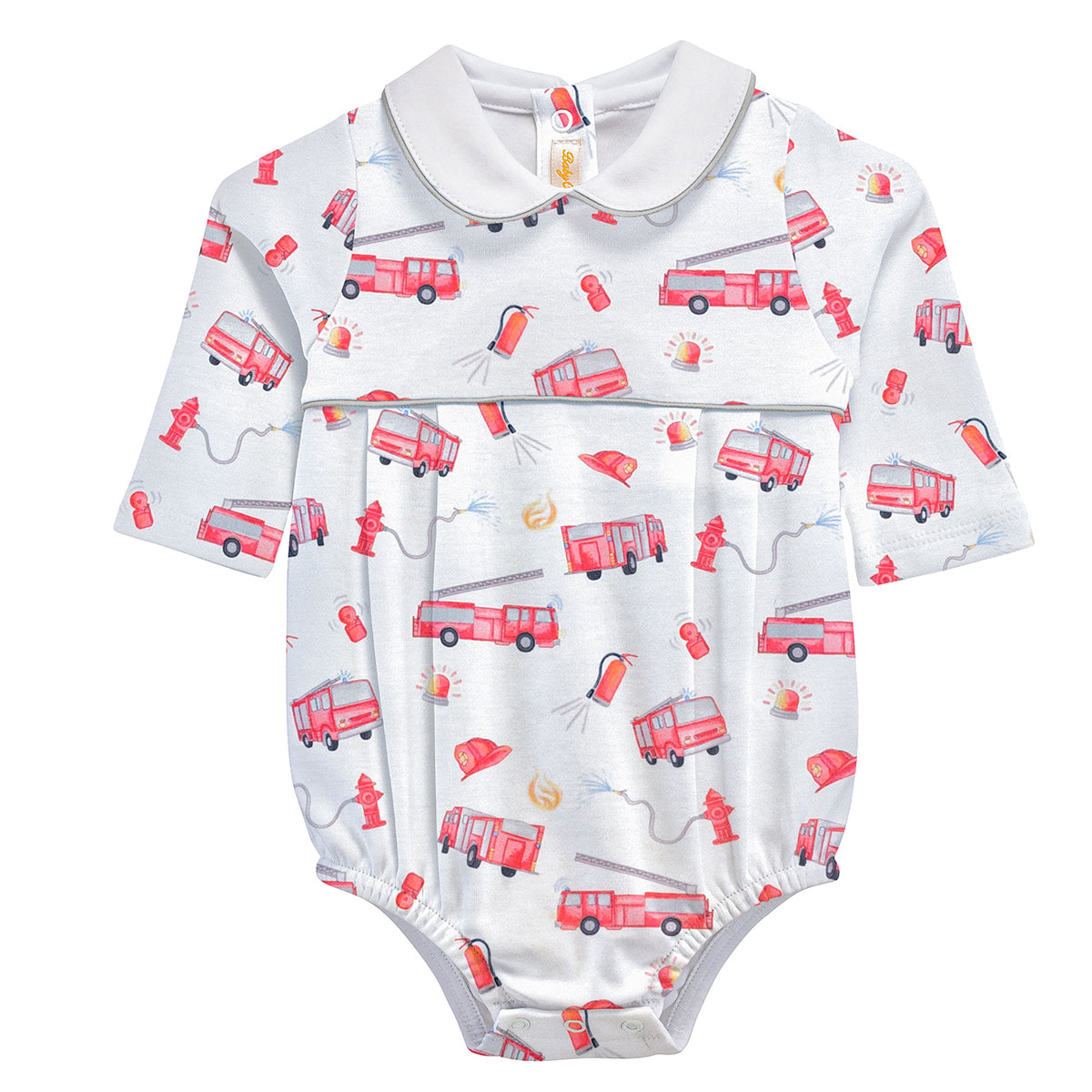 Baby boy’s Pima cotton bubble with red firetruck print, long sleeves, pleated front, and Peter Pan collar trimmed in grey.