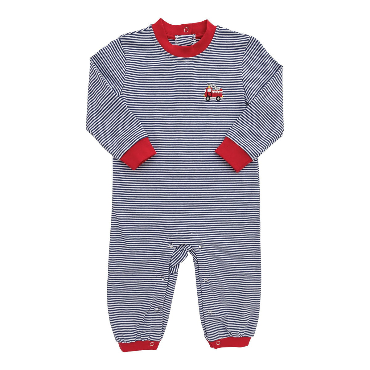 Boy's Fire Truck Romper Navy Stripe Knit with Red Trim