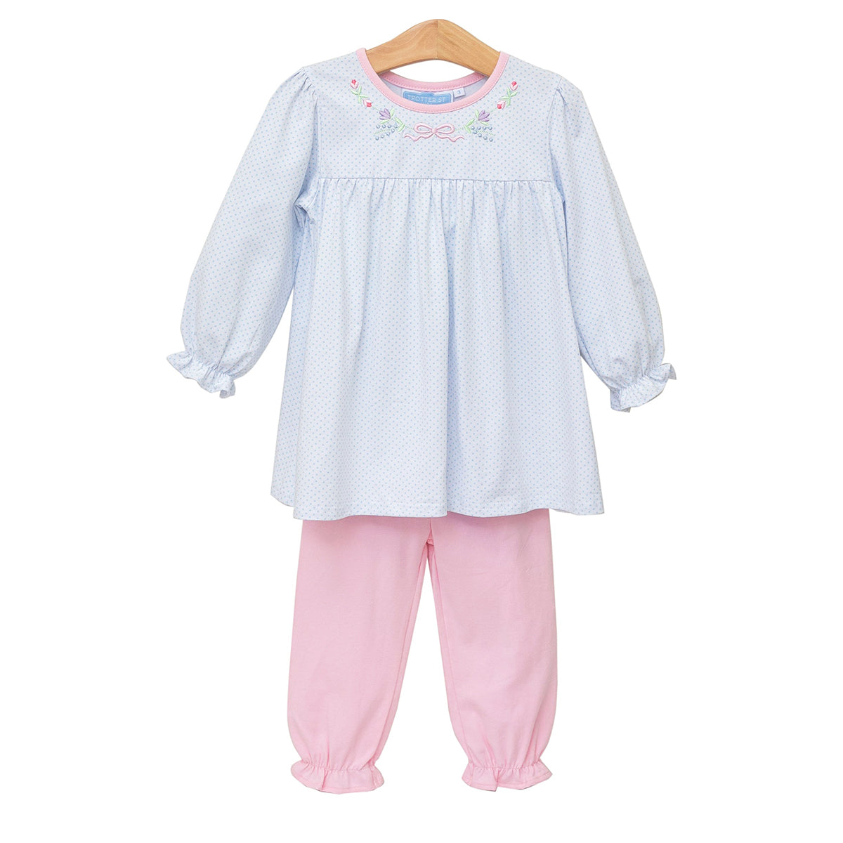Toddler girl outfit with an embroidered bow and flowers light blue dot top and pink pants