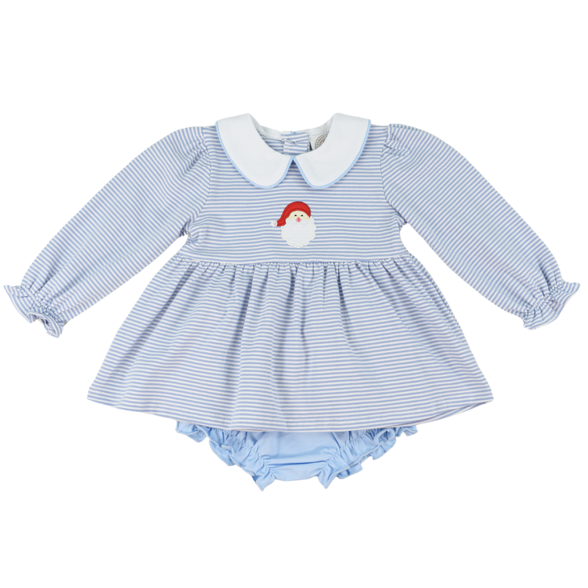 Baby girl’s light blue and white striped Christmas outfit with a long sleeve top, Santa Claus appliquéd design, and solid blue bloomers.