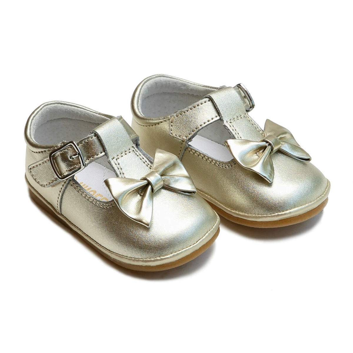 L'Amour Angel Gold Minnie Bow Baby Girl's Mary Jane T-Strap Crib Shoes