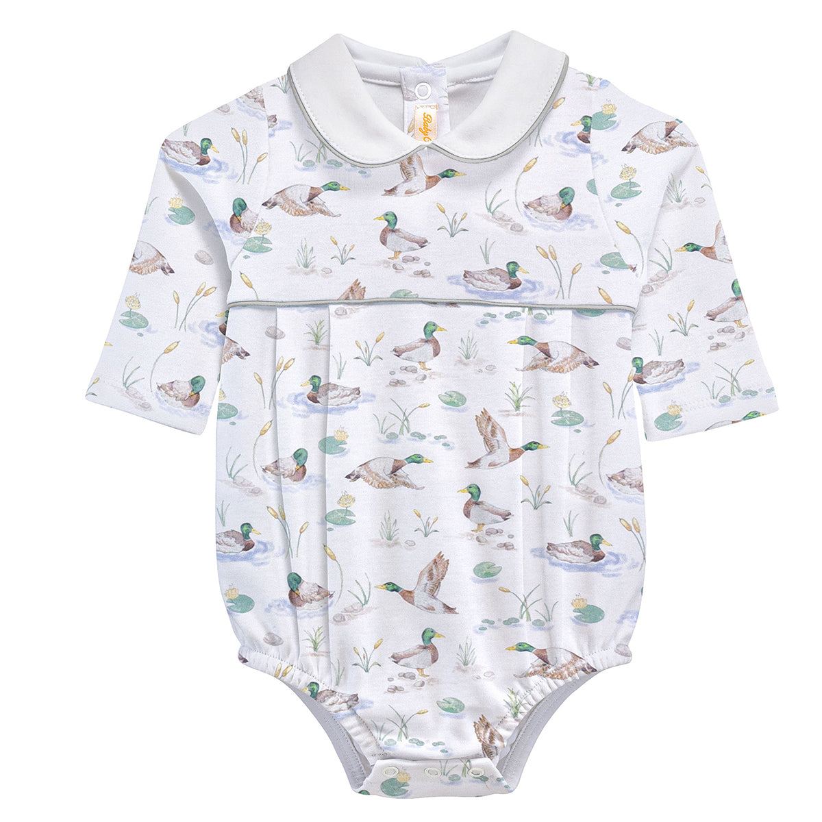 Baby boy’s Pima cotton bubble with mallard duck print, pleated front, long sleeves, and Peter Pan collar with sage green trim.