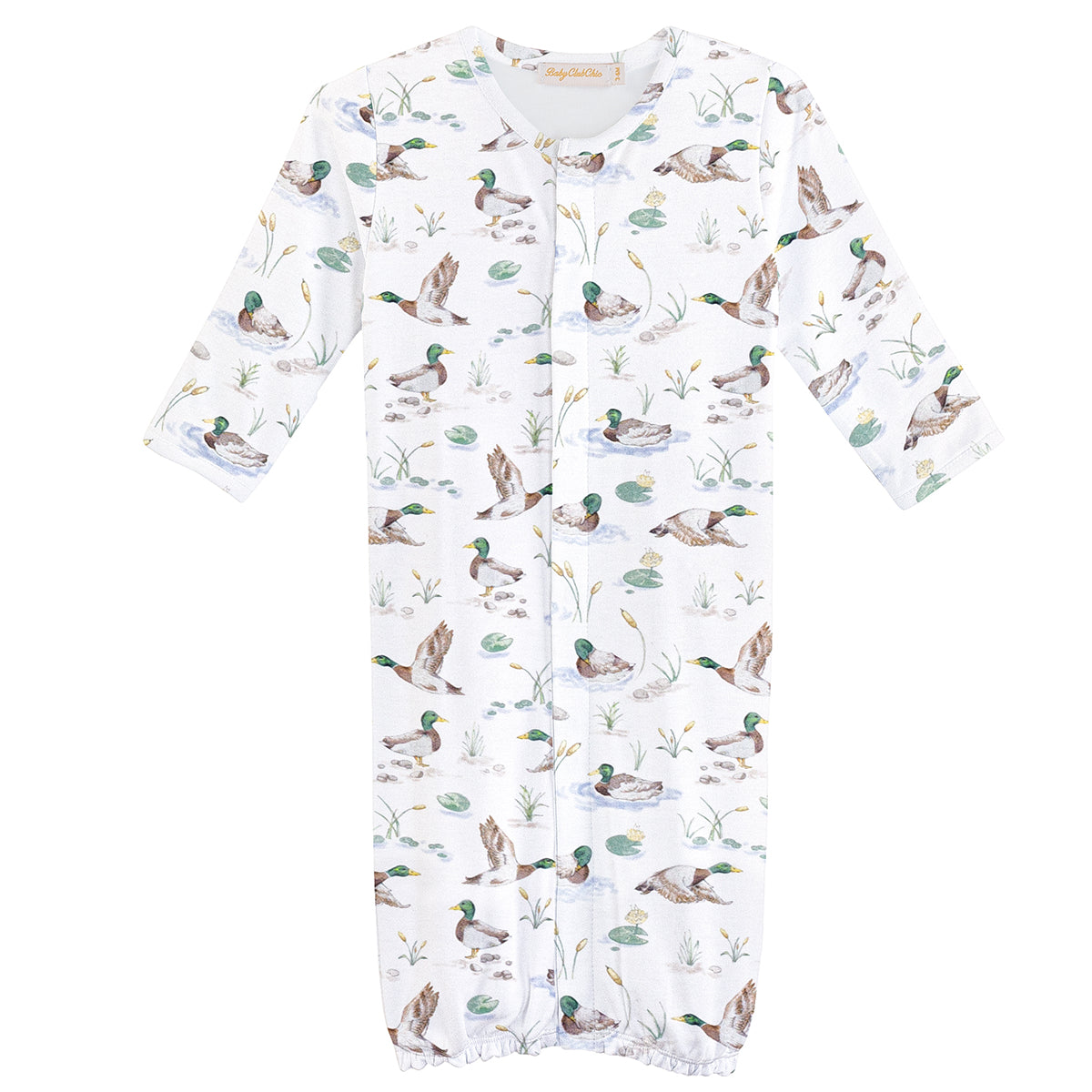 Baby boy’s Pima cotton converter gown with mallard duck print in greens and browns, featuring ducks flying and floating among lily pads and cattails.