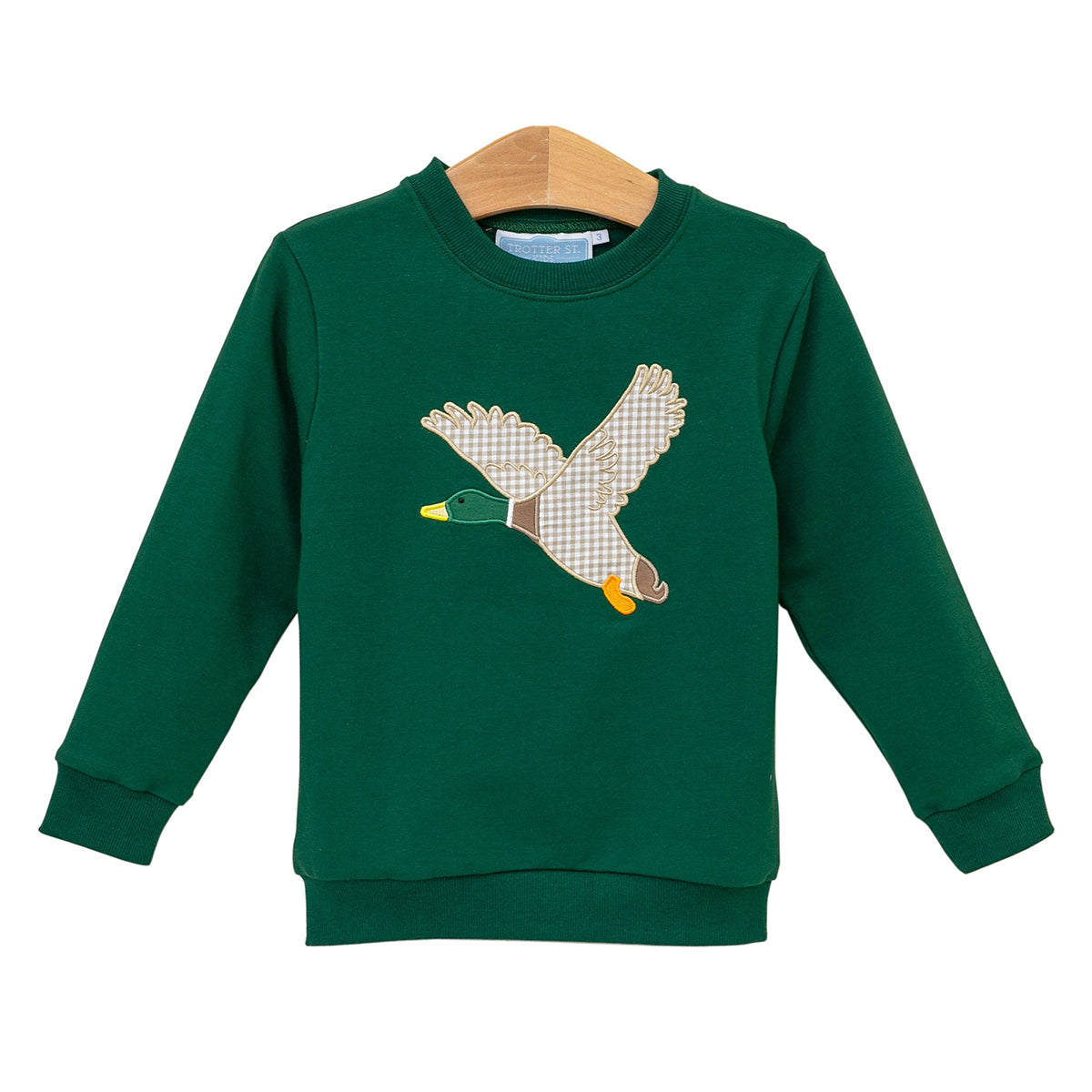 Dark green French Terry pullover for little boys with long sleeves, crew neck, and mallard in flight appliqué on the front.