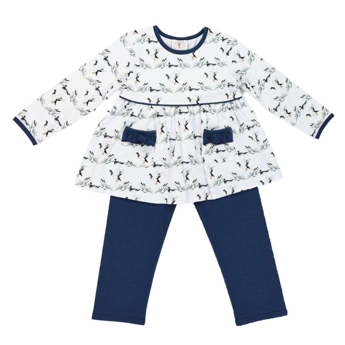 Girl’s mallard duck print tunic with navy trim, paired with navy blue leggings.