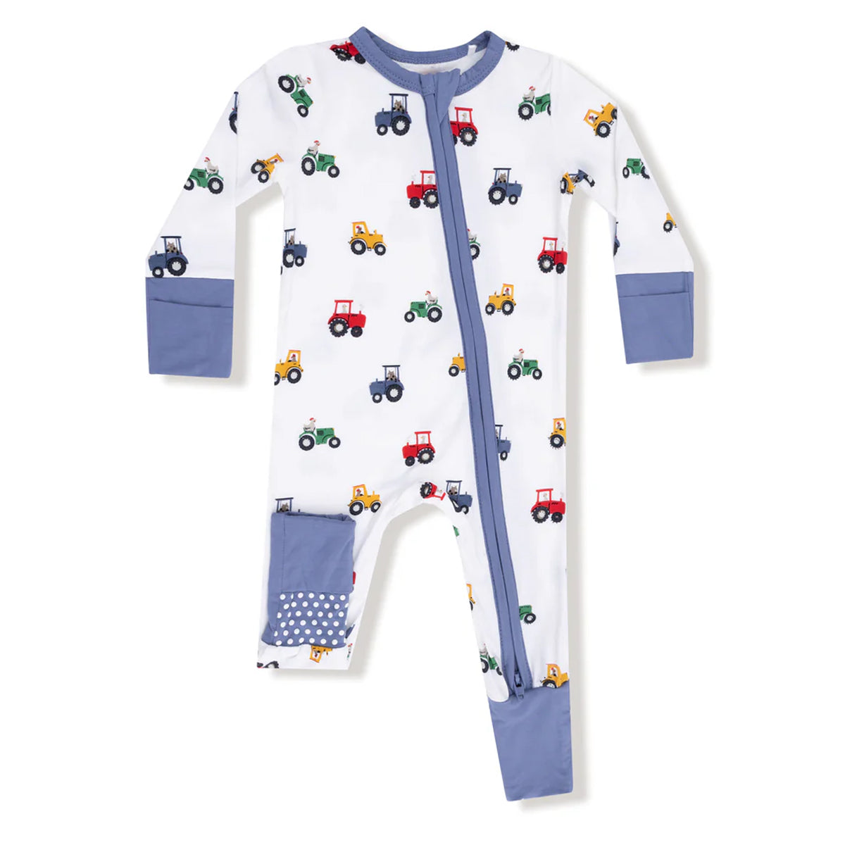 Baby boy bamboo onesie with tractor pattern, blue trim, and front zipper.