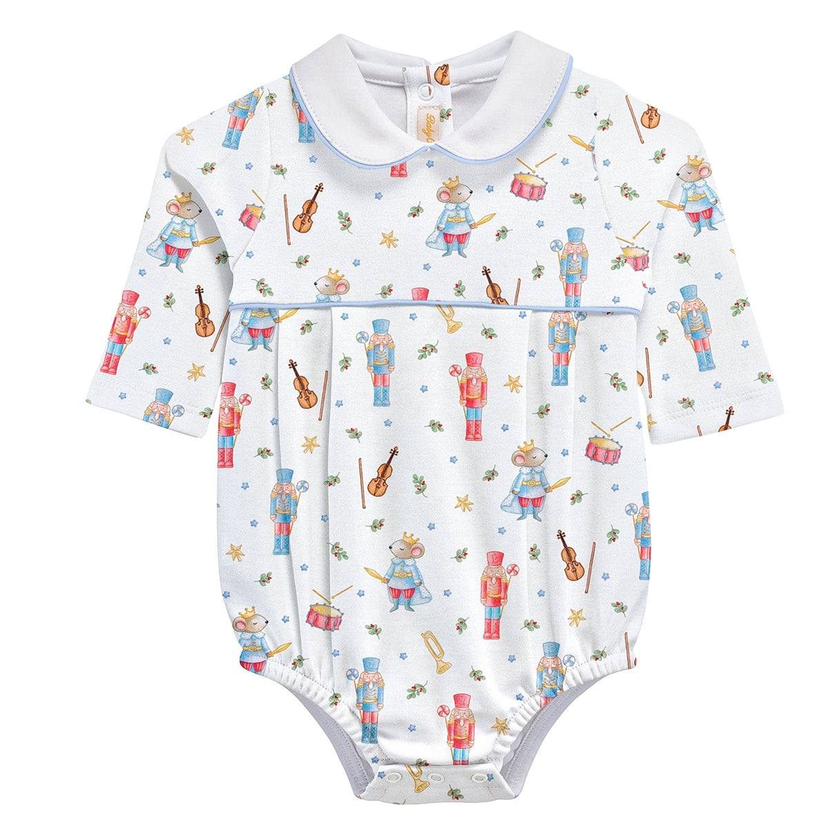 Baby boy’s Pima cotton bubble with watercolor Nutcracker print, long sleeves, pleated front, and Peter Pan collar trimmed in blue.