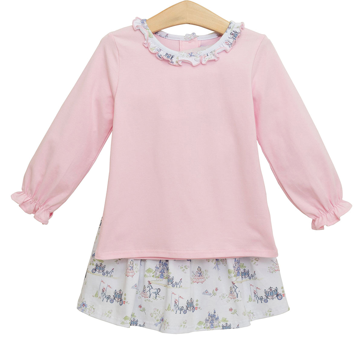 Pink top with long sleeves and fairytale princess print skort