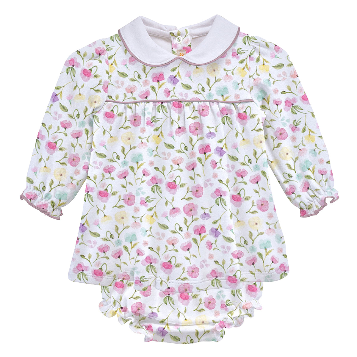 Toddler girl’s Pima cotton bloomer set with lovely floral print, long sleeves, matching diaper cover, and white Peter Pan collar.