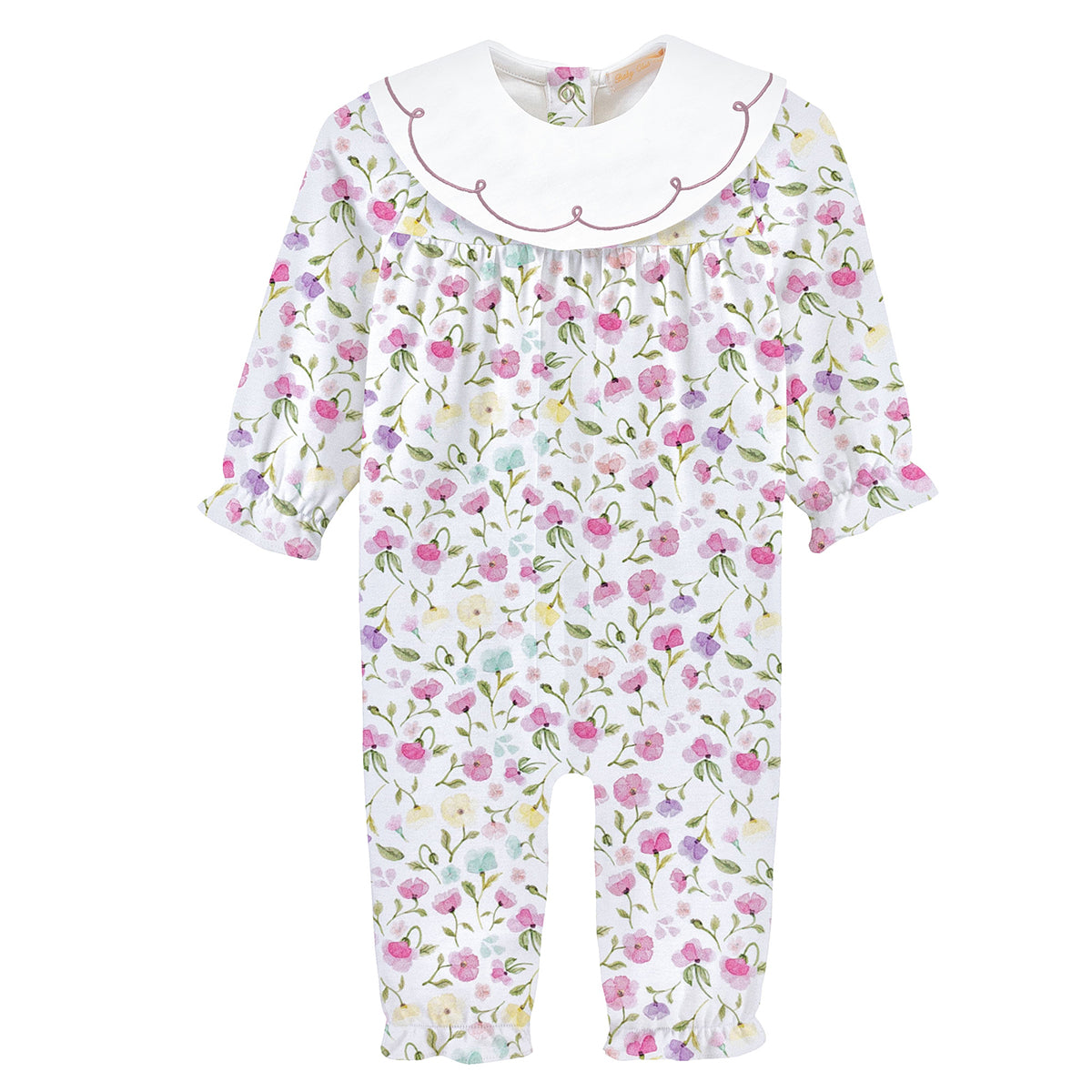 Baby girl’s Pima cotton long romper with floral print, long sleeves, and round white collar with pink scalloped embroidery. Perfect for fall.