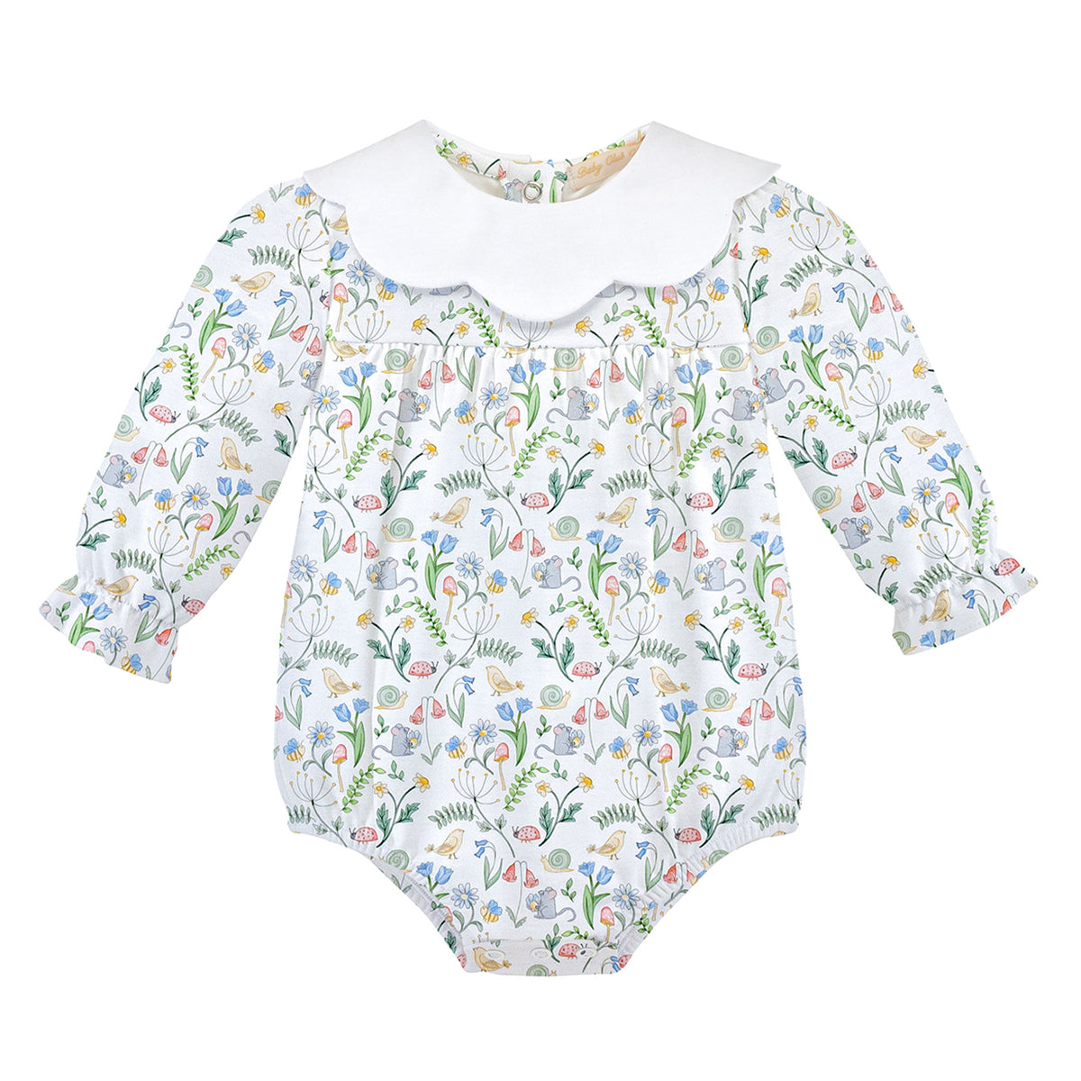 Baby girl’s Pima cotton bubble with long sleeves, scalloped white round collar, and playful garden print with ladybugs, birds, mice, and flowers.