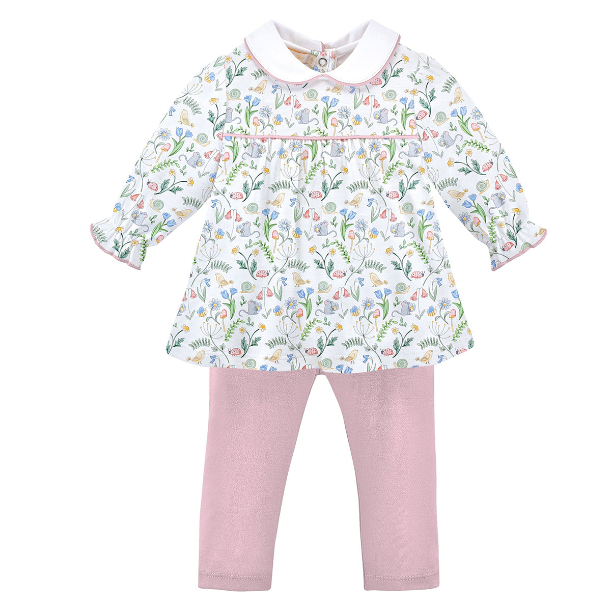 Toddler girl’s Pima cotton legging set with garden print long-sleeve top, white Peter Pan collar with pink picot trim, and light pink leggings.