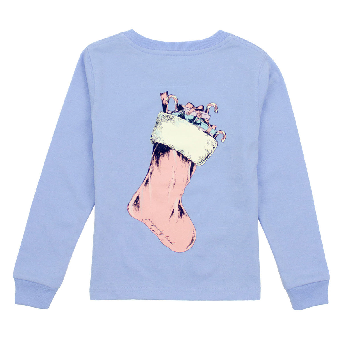 Light blue long sleeve girl's t-shirt with a pink Christmas stocking graphic