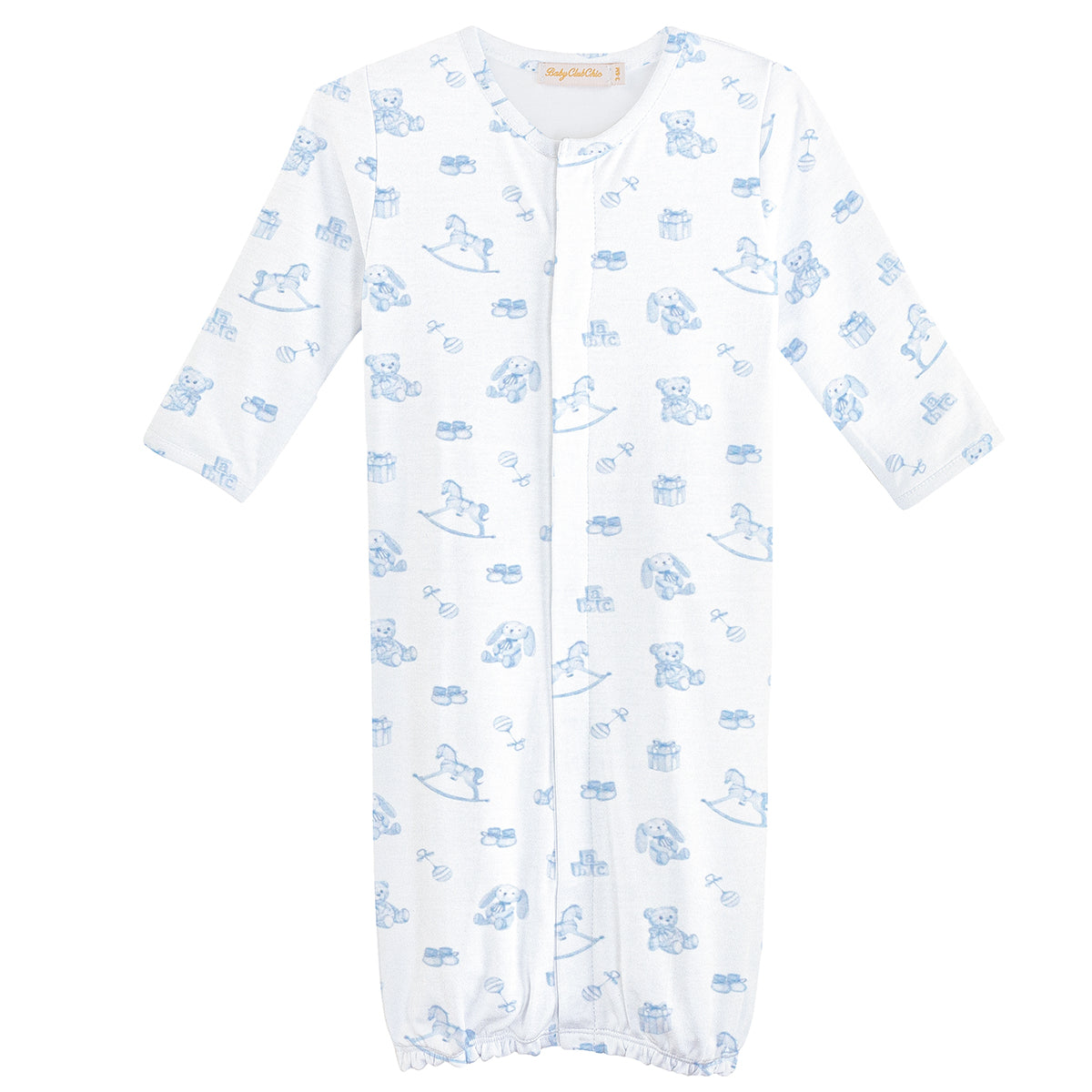Baby boy’s Pima cotton converter gown with blue toy print—teddy bears, rattles, blocks, rocking horses, and bunnies—designed with fold-over mitten cuffs.