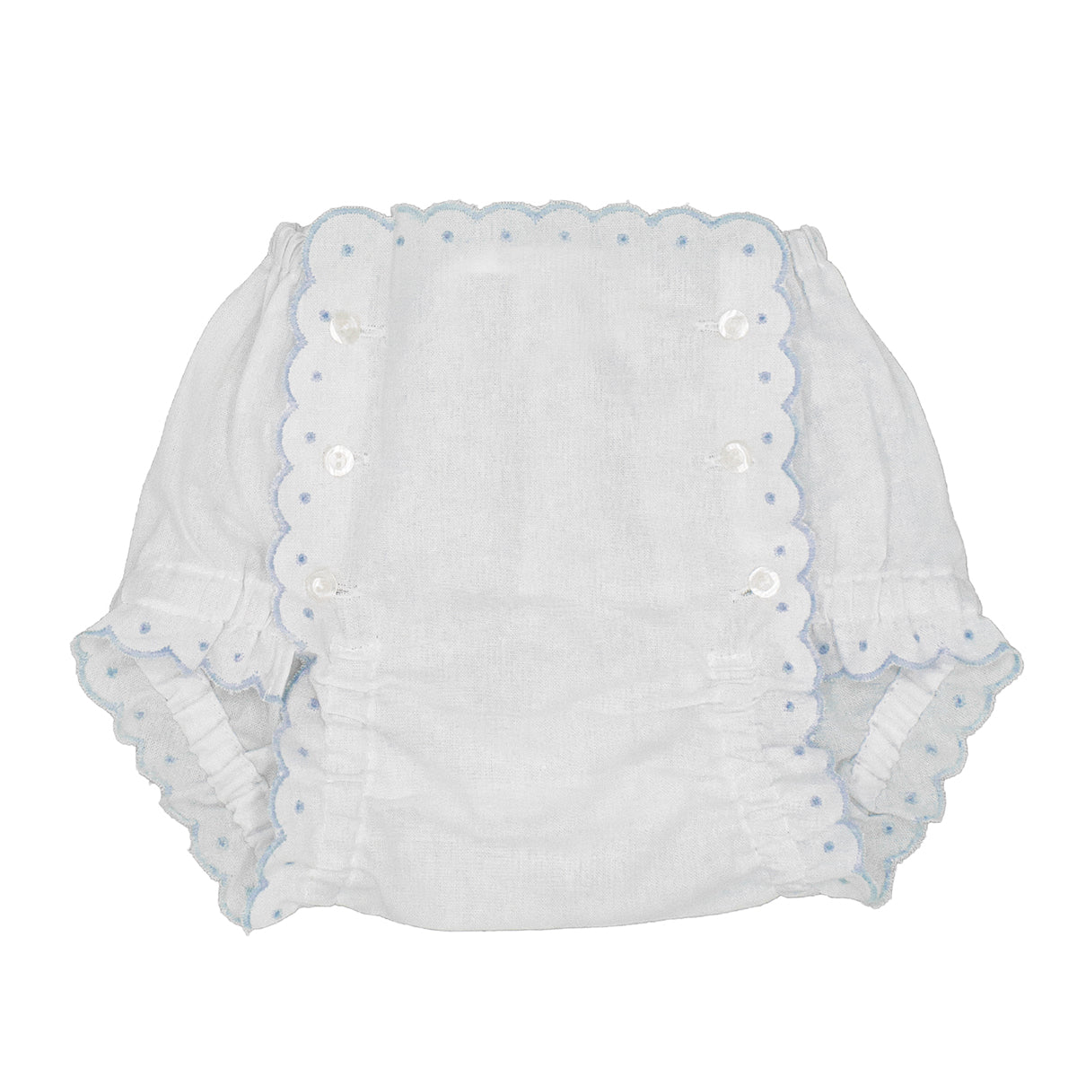 Baby Girl Diaper Cover White with Blue Scalloped Edge Button Bloomers