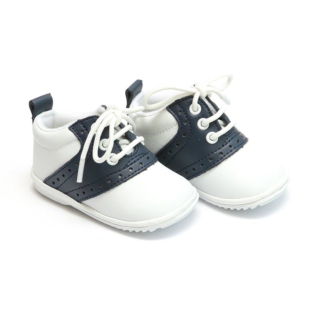 L'Amour Baby Boy's White and Navy Leather Saddle Oxford Crib Shoes