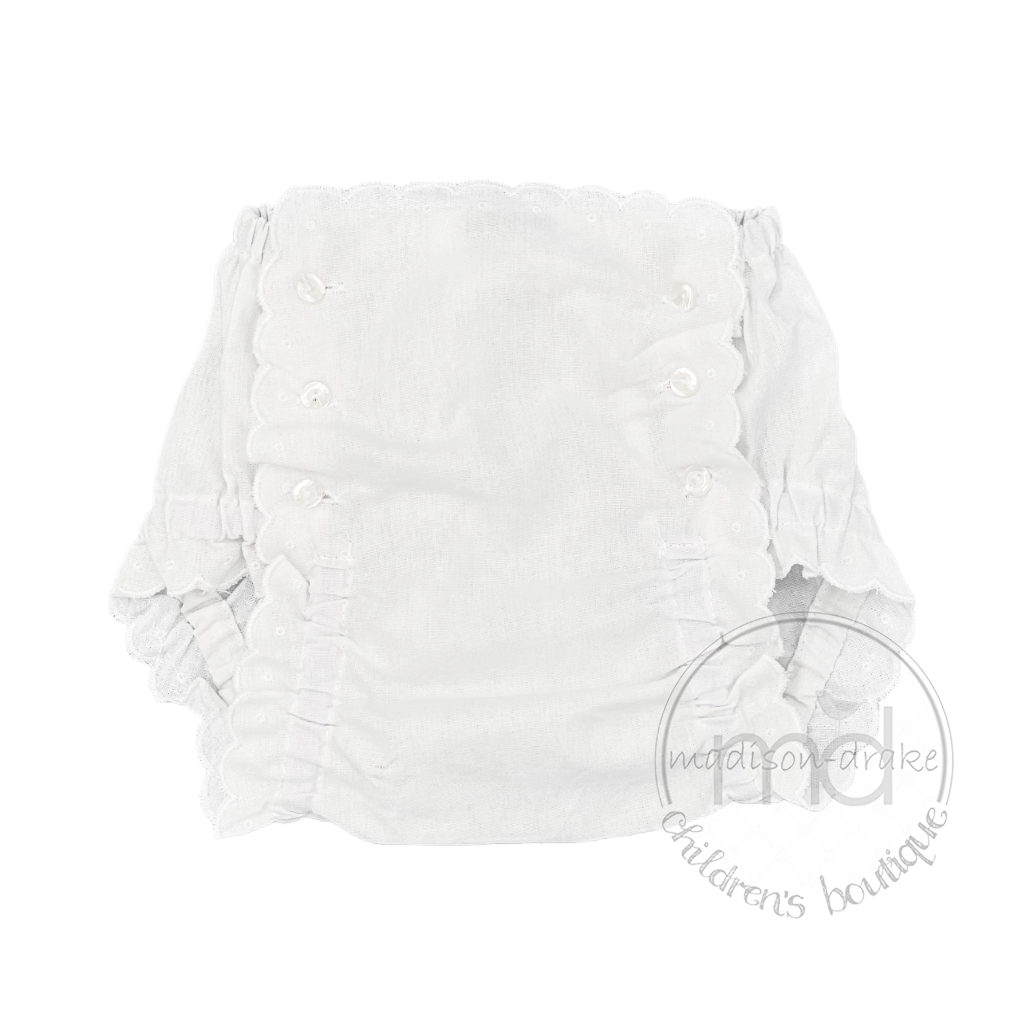 Baby Girl Diaper Cover White with White Scalloped Edge Button Bloomers