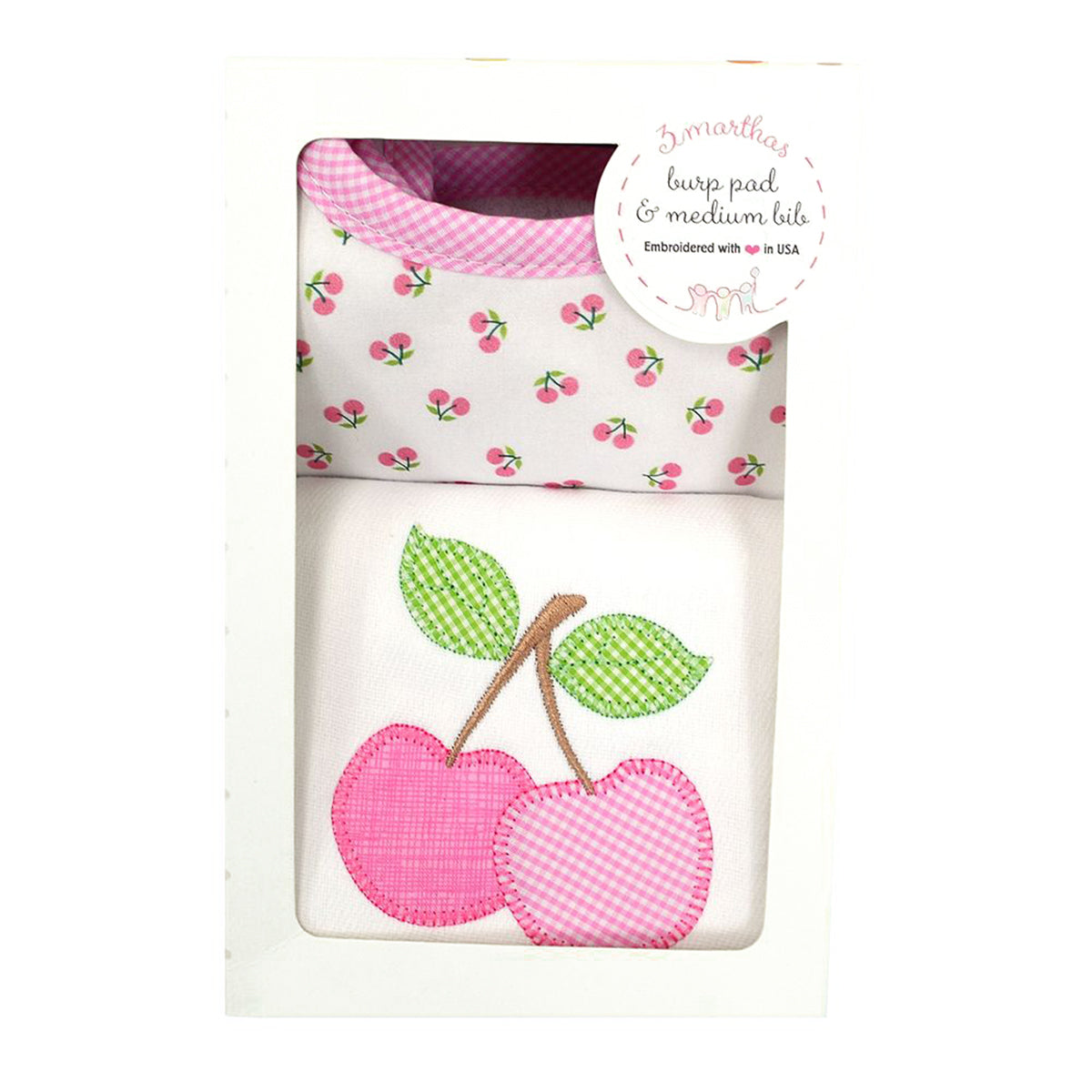 3 Marthas Cherries Applique Burp and Bib Boxed Gift Set