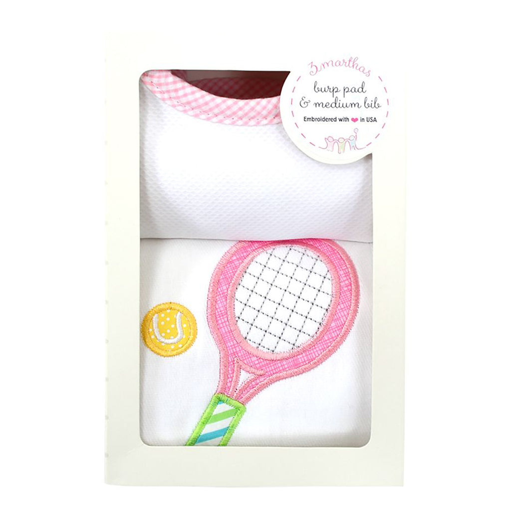 3 Marthas Pink Tennis Applique Burp and Bib Boxed Gift Set