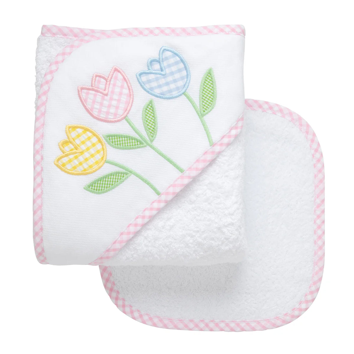 White piquet hooded baby towel with appliqued tulips and pink check trim with a coordinating terry washcloth.