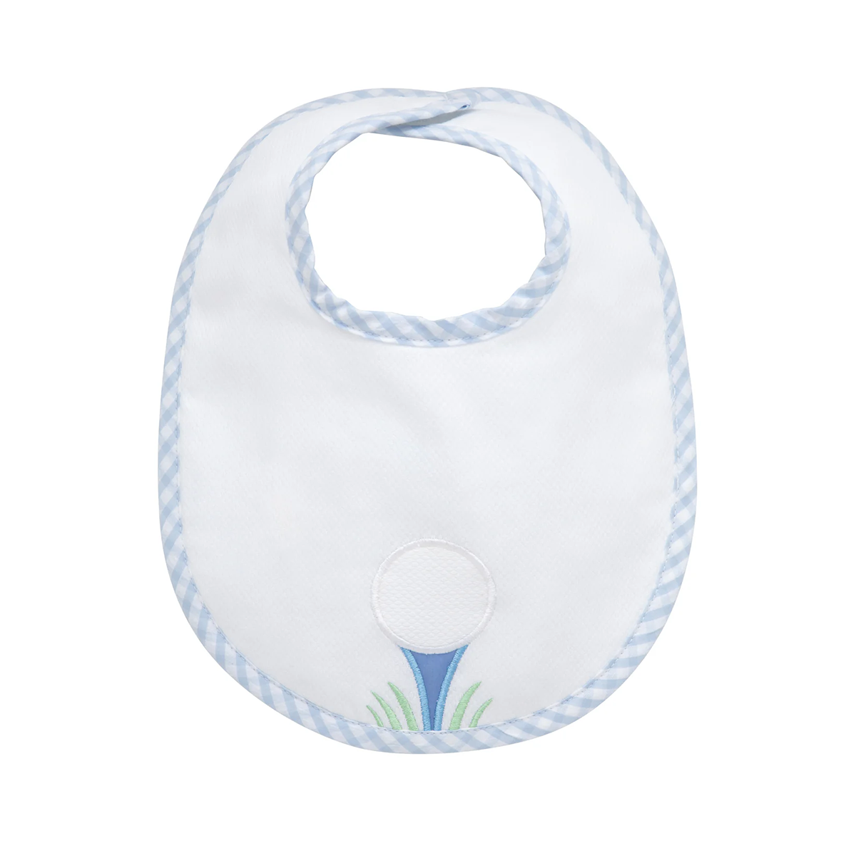 White pique baby bib with blue check trim, velcro closure and a golf ball and tee applique.