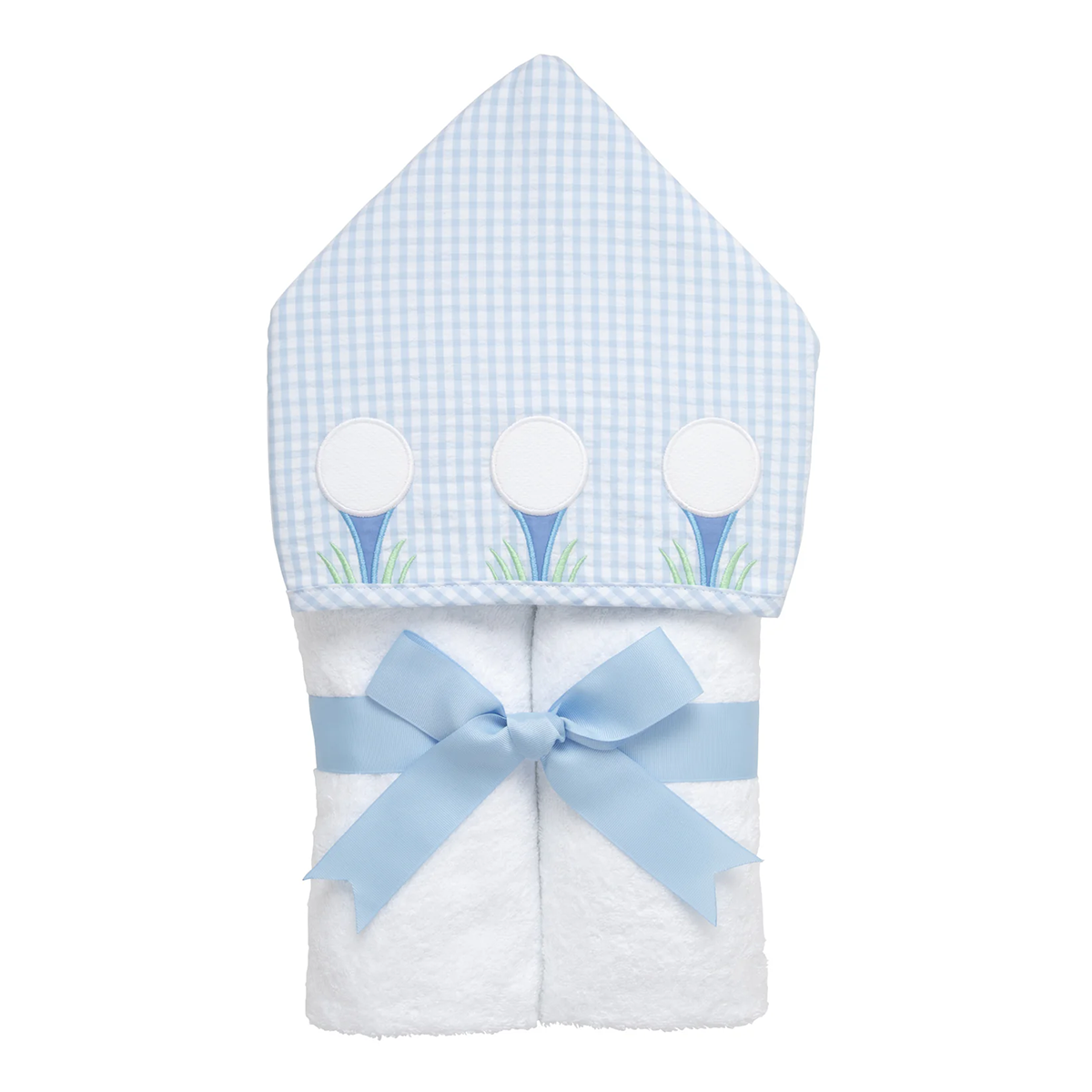 Boys hooded towel with blue checkered design and golf tees appliqued on the hood tied with a blue bow.