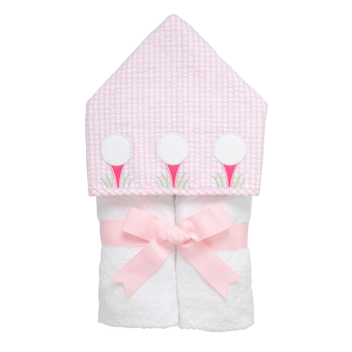 Girls hooded white towel with pink checkered design featuring appliqued golf tees and a pink bow.
