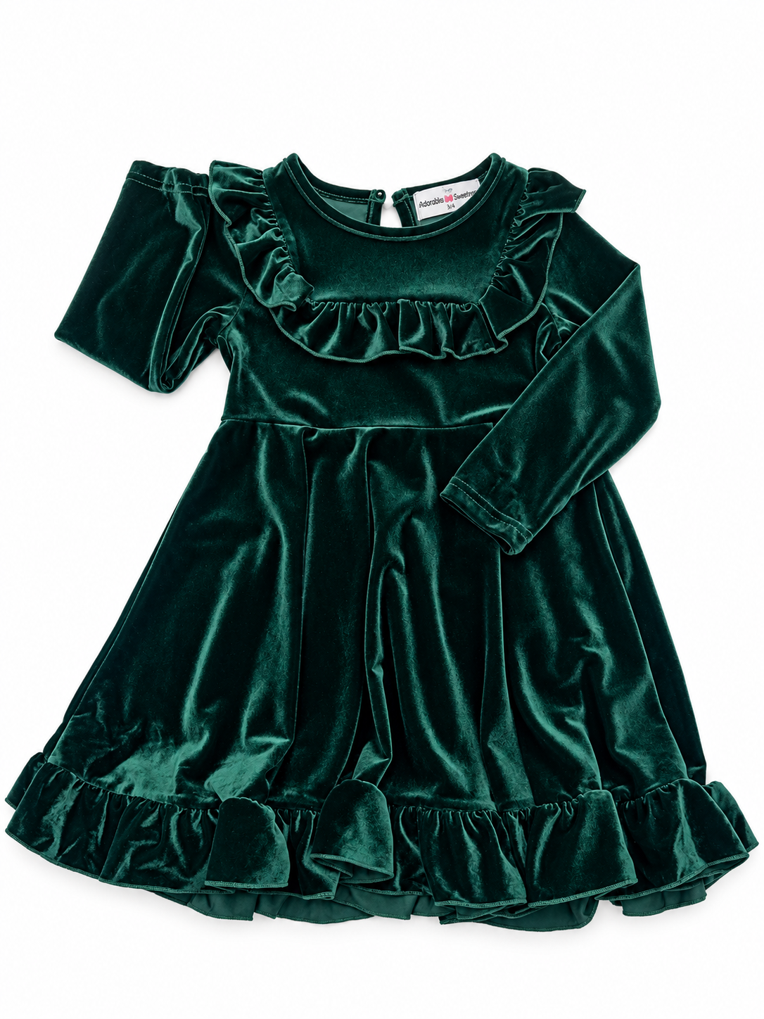 Kids Emerald Green Velvet Ruffle Fancy Christmas Party Dress