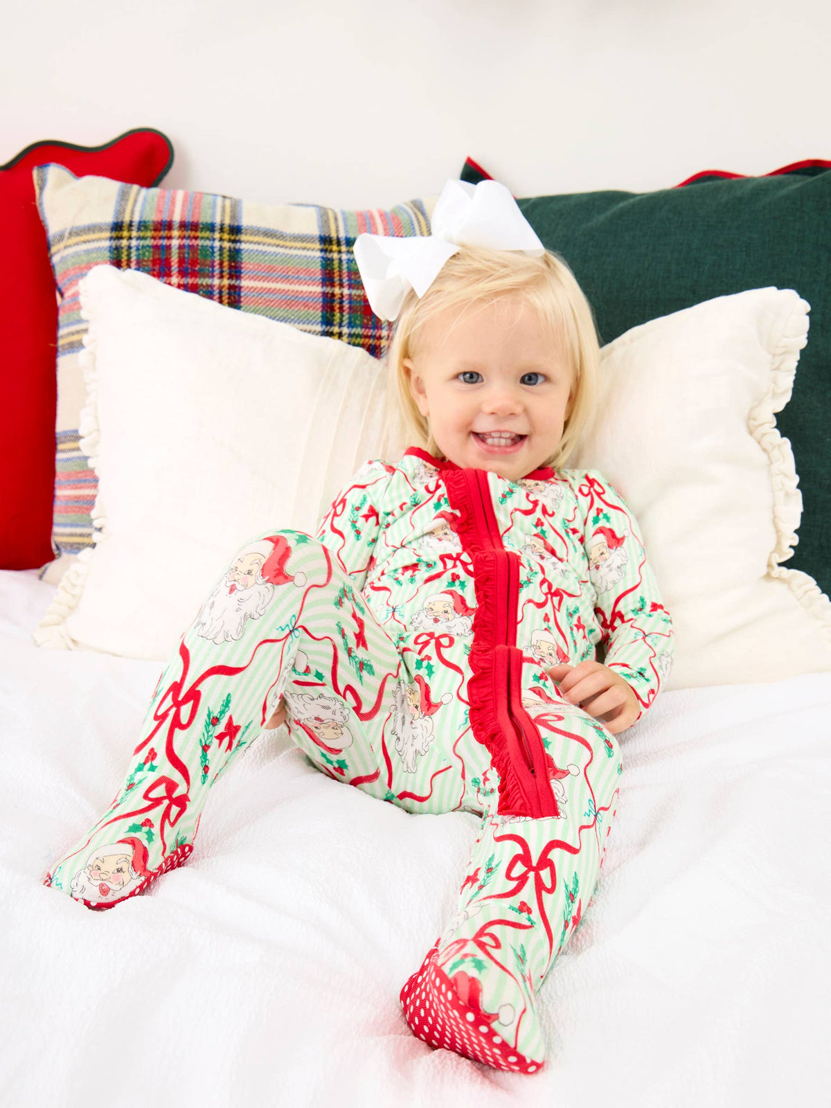 Baby Girls Dear Santa Green Stripe Christmas One Piece Pajama