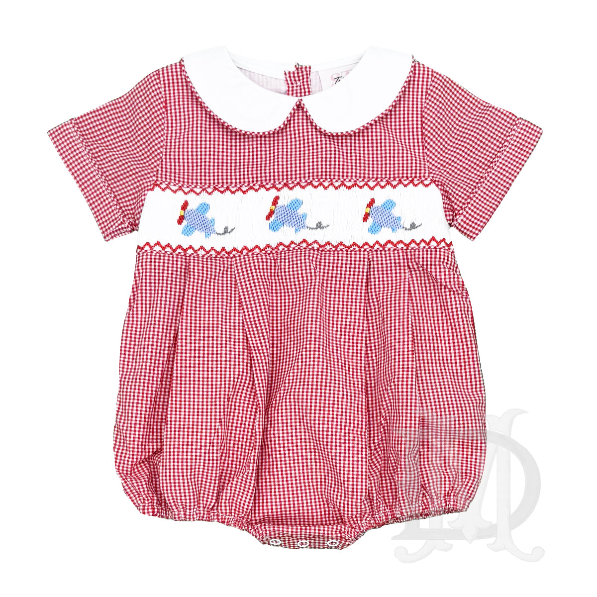 Boy's Smocked Airplanes Red Gingham Bubble