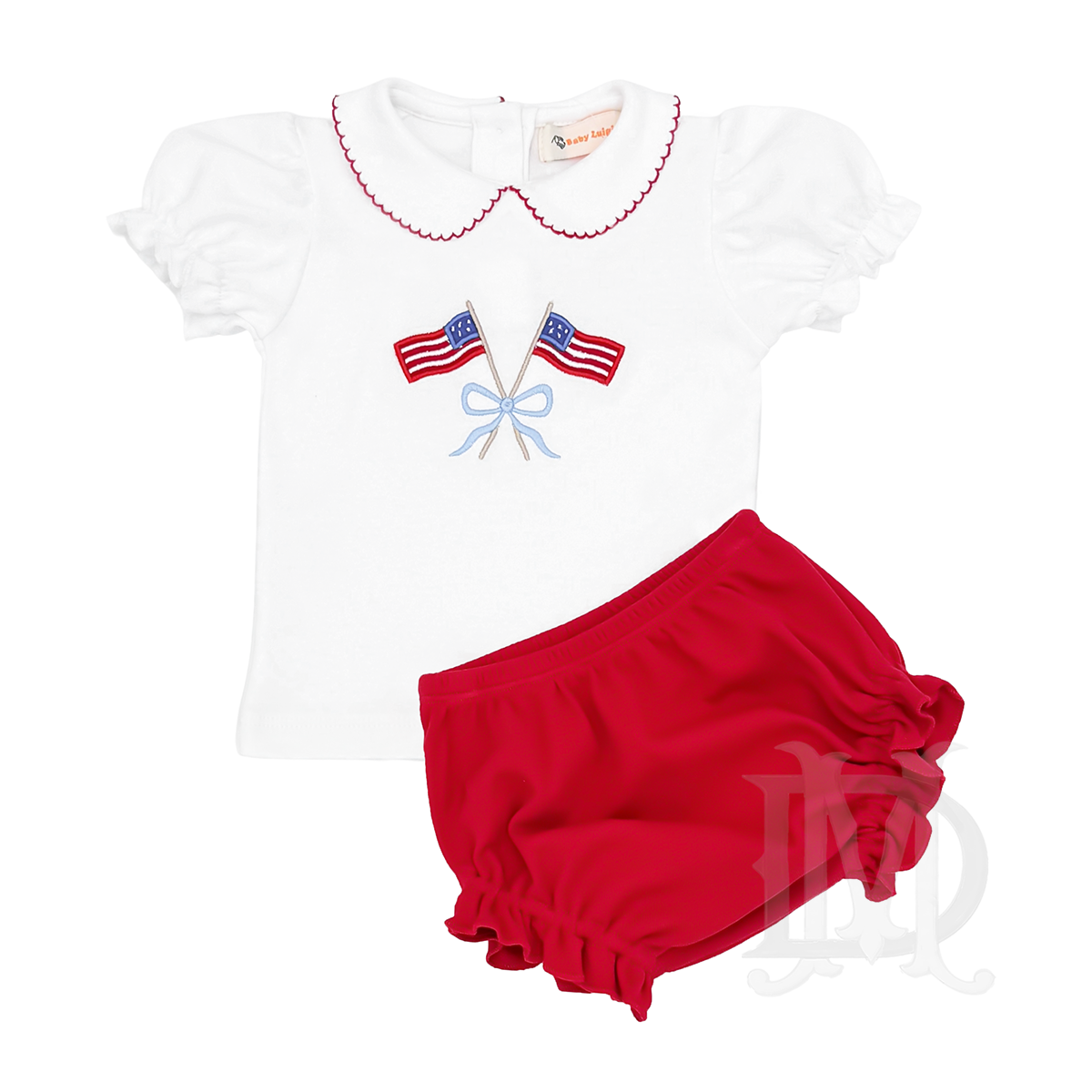 Baby girl patriotic bloomer set white shirt, red bloomers, American flags applique and embroidered blue bow.