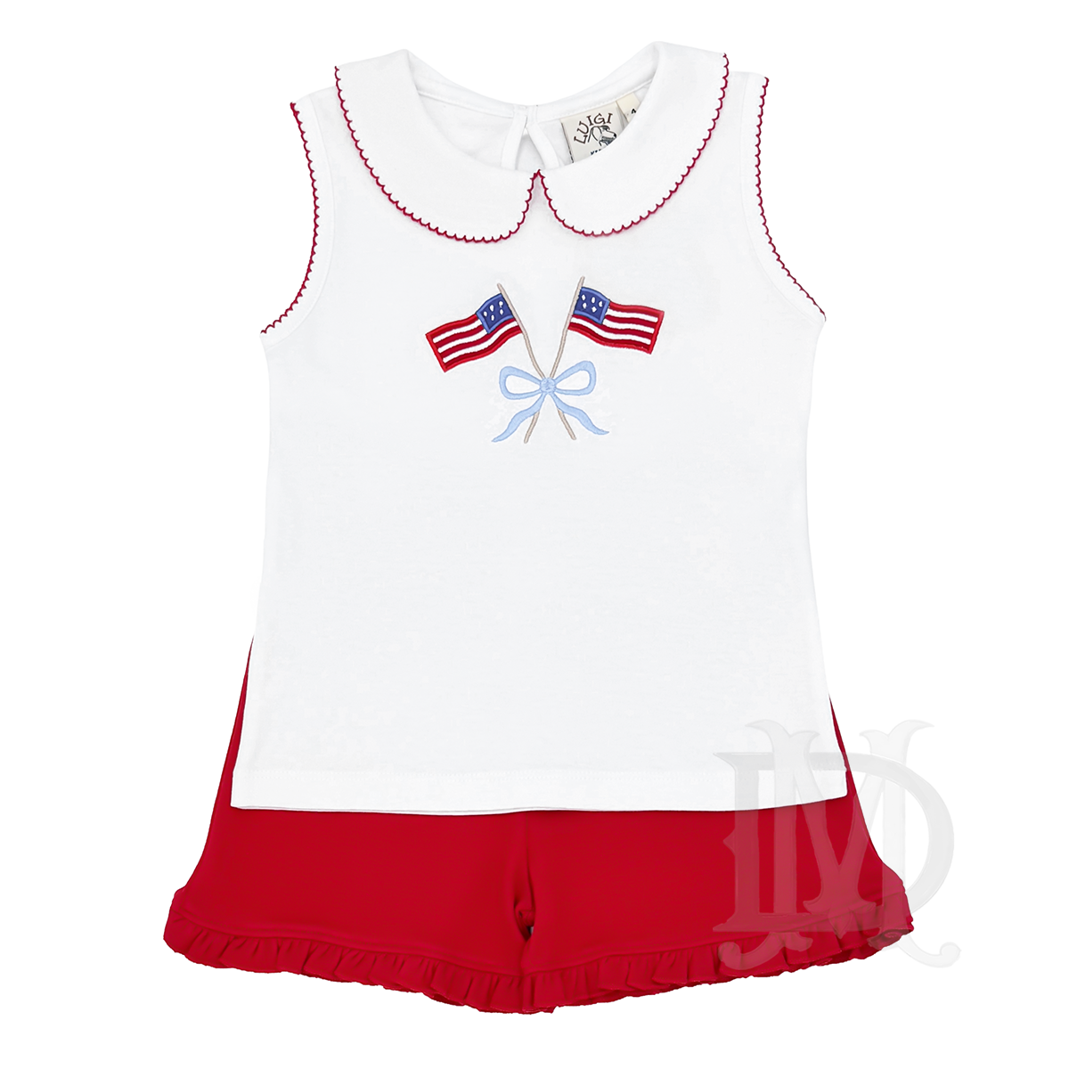 Girl's white sleeveless top with appliqued American flags, a blue bow, and ruffled red shorts.
