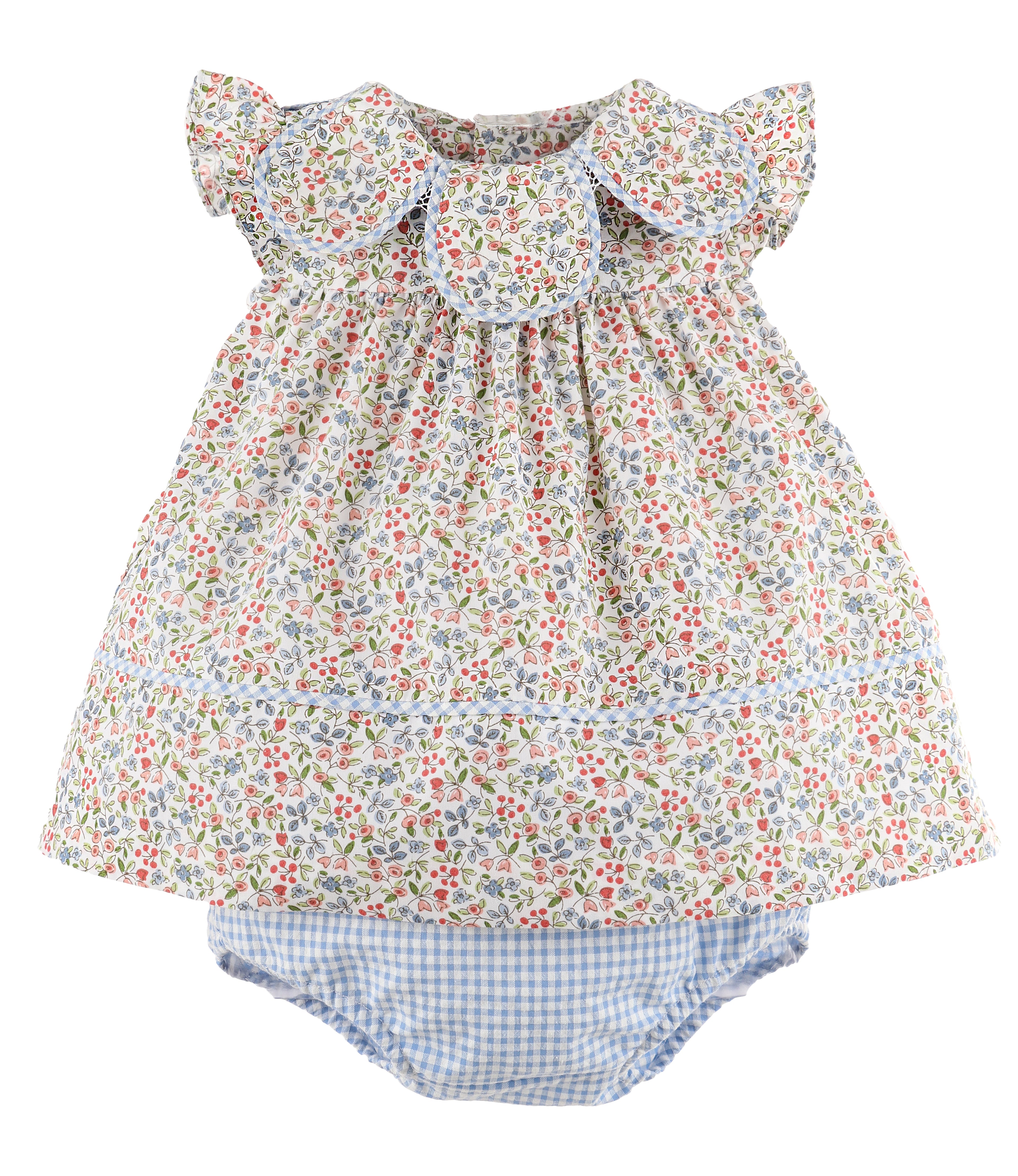 Floral baby girl dress with petal collar and blue checkered bloomers.